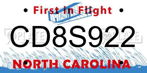CD8S922 North Carolina License Plate