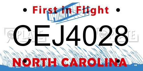 CEJ4028 North Carolina License Plate