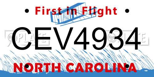 CEV4934 North Carolina License Plate