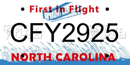 CFY2925 North Carolina License Plate