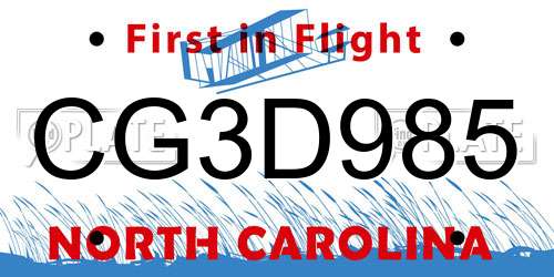 CG3D985 North Carolina License Plate