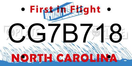 CG7B718 North Carolina License Plate