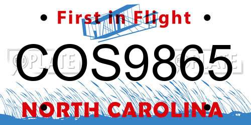 COS9865 North Carolina License Plate