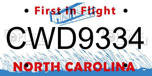 CWD9334 North Carolina License Plate
