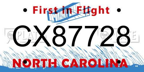 CX87728 North Carolina License Plate