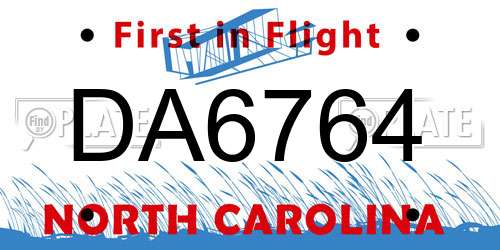 DA6764 North Carolina License Plate