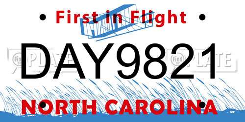 DAY9821 North Carolina License Plate