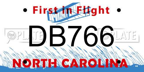 DB766 North Carolina License Plate