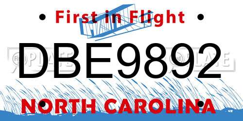 DBE9892 North Carolina License Plate
