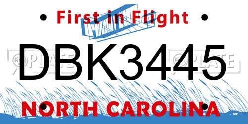 DBK3445 North Carolina License Plate