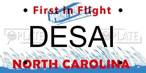 DESAI North Carolina License Plate