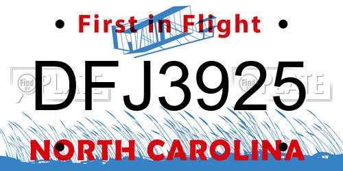 DFJ3925 North Carolina License Plate