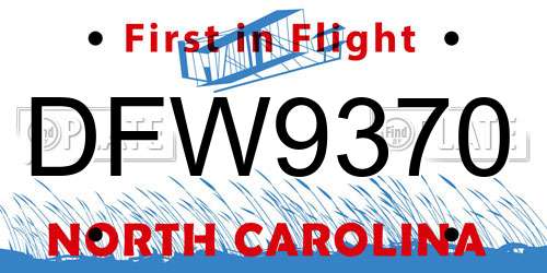 DFW9370 North Carolina License Plate