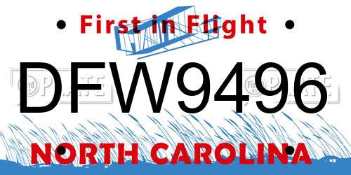 DFW9496 North Carolina License Plate