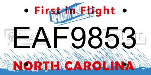 EAF9853 North Carolina License Plate