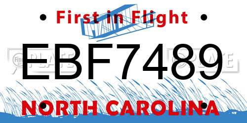 EBF7489 North Carolina License Plate