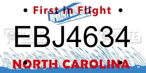EBJ4634 North Carolina License Plate
