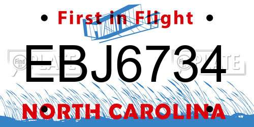 EBJ6734 North Carolina License Plate