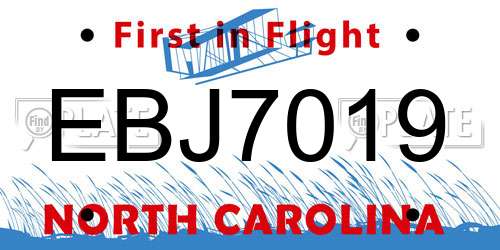 EBJ7019 North Carolina License Plate