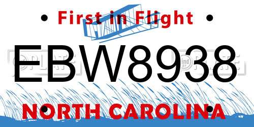 EBW8938 North Carolina License Plate
