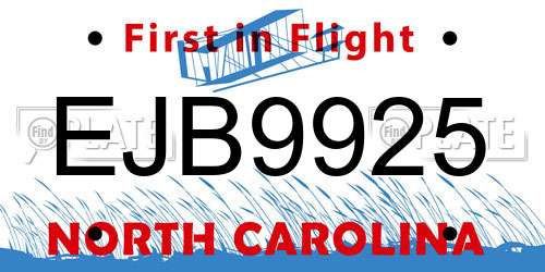 EJB9925 North Carolina License Plate