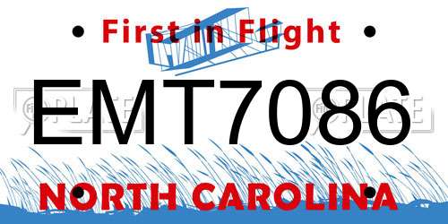 EMT7086 North Carolina License Plate