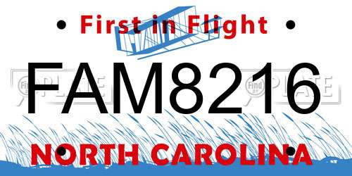 FAM8216 North Carolina License Plate