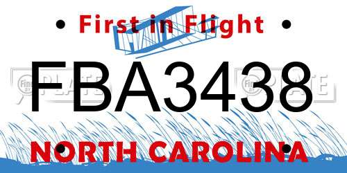 FBA3438 North Carolina License Plate