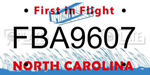 FBA9607 North Carolina License Plate