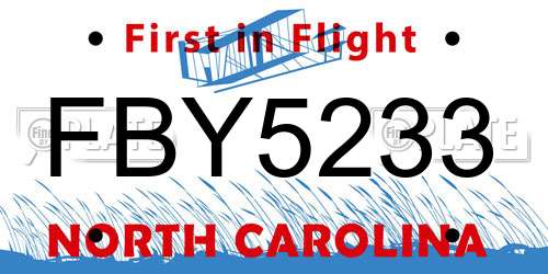 FBY5233 North Carolina License Plate