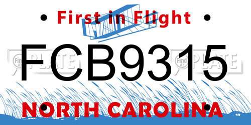 FCB9315 North Carolina License Plate