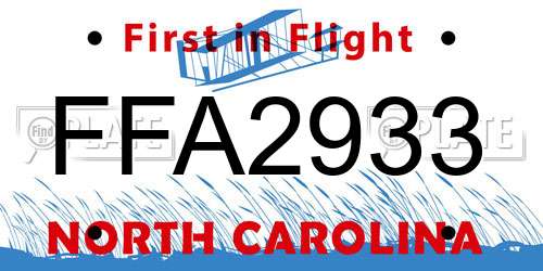 FFA2933 North Carolina License Plate