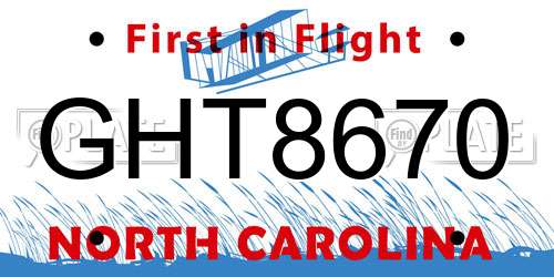 GHT8670 North Carolina License Plate
