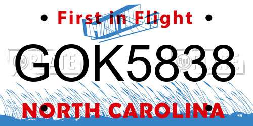 GOK5838 North Carolina License Plate