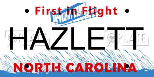 HAZLETT North Carolina License Plate