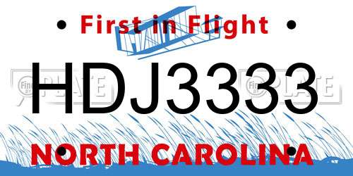 HDJ3333 North Carolina License Plate