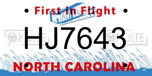 HJ7643 North Carolina License Plate