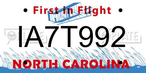 IA7T992 North Carolina License Plate