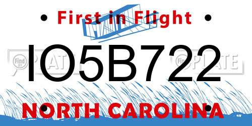 IO5B722 North Carolina License Plate