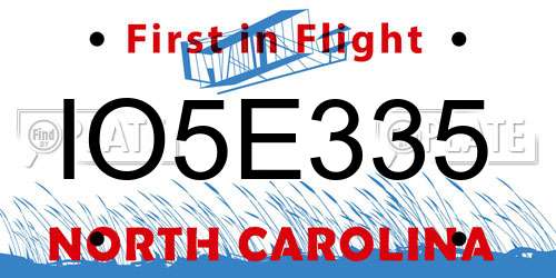 IO5E335 North Carolina License Plate