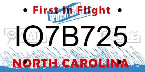 IO7B725 North Carolina License Plate