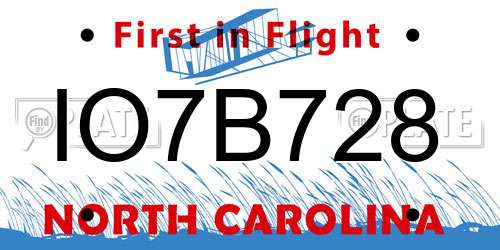 IO7B728 North Carolina License Plate