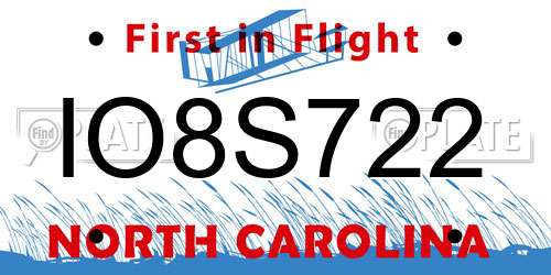IO8S722 North Carolina License Plate