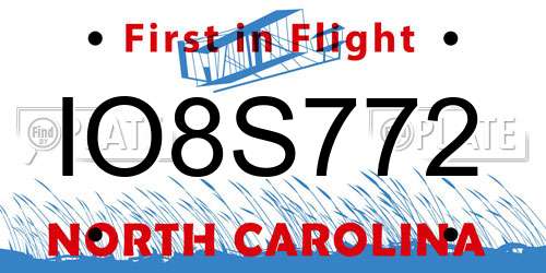 IO8S772 North Carolina License Plate