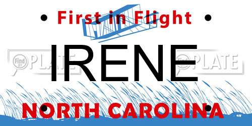 IRENE North Carolina License Plate