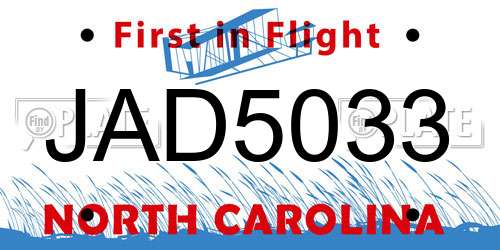 JAD5033 North Carolina License Plate