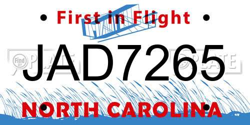 JAD7265 North Carolina License Plate