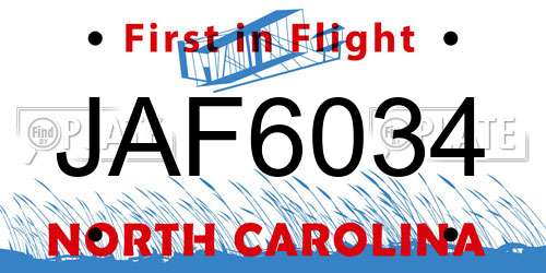 JAF6034 North Carolina License Plate