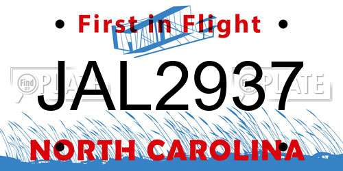 JAL2937 North Carolina License Plate