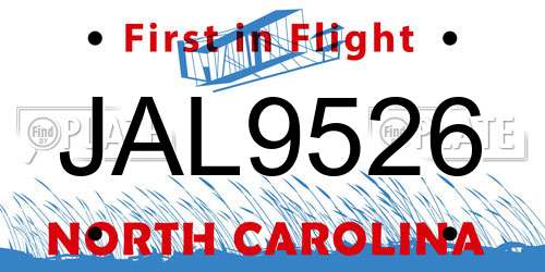 JAL9526 North Carolina License Plate